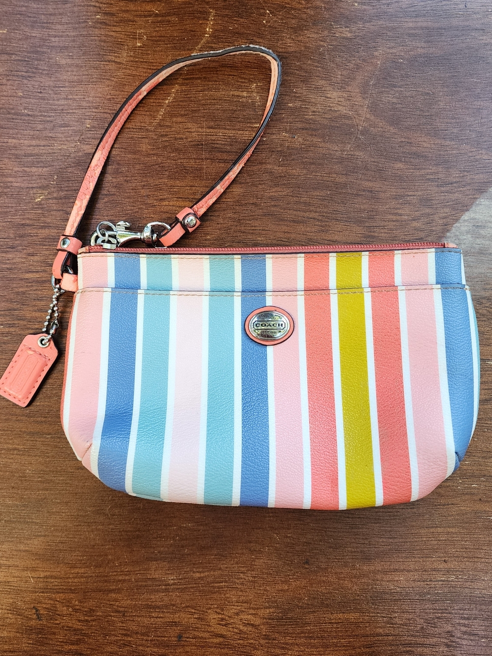 COACH Peyton Multistripe Medium Wristlet Coral Pink Blue Rainbow Clutch F51319